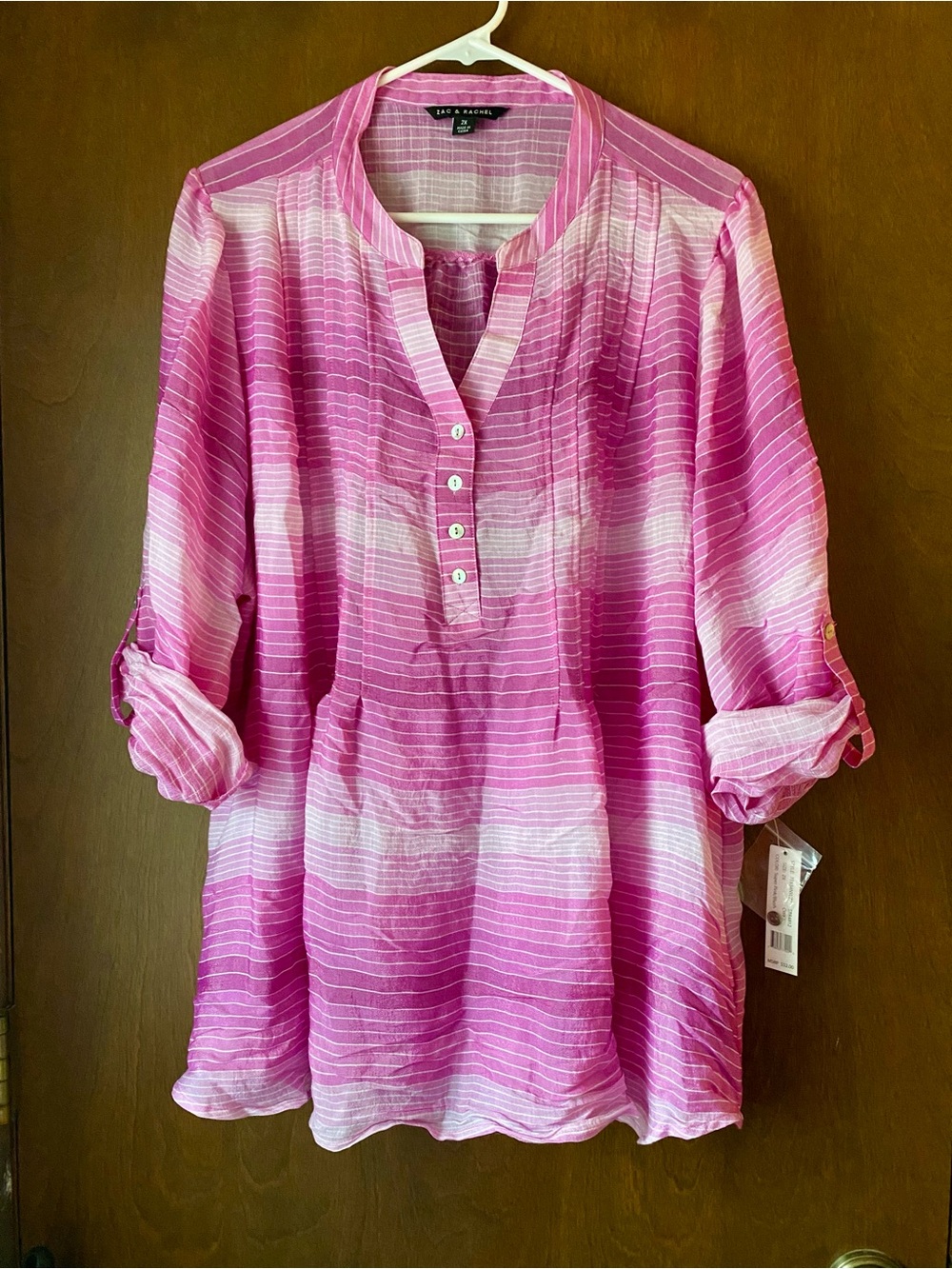Zac & Rachel Pink and White Striped Henley Tunic Blouse